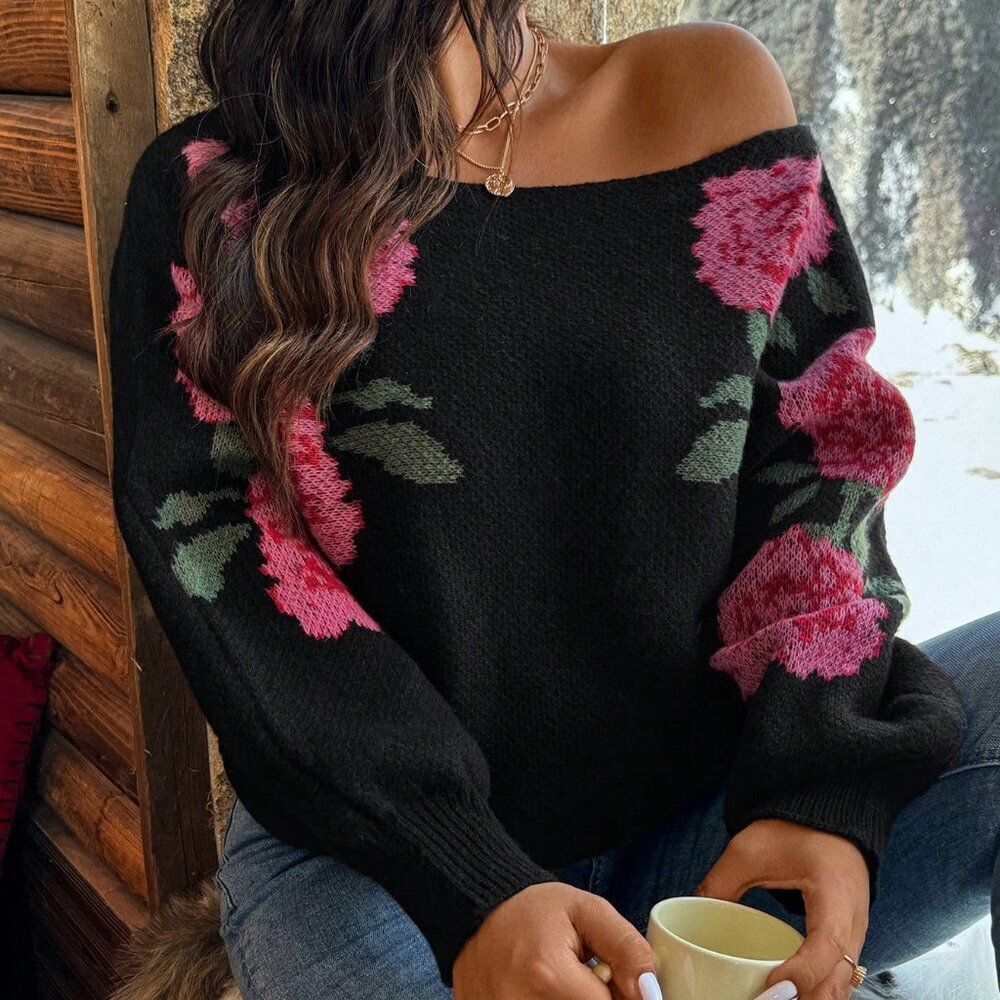 Multicolor Casual Women's Patchwork Long Sleeve Floral Print Pullover Sweater - Picture 3 of 7